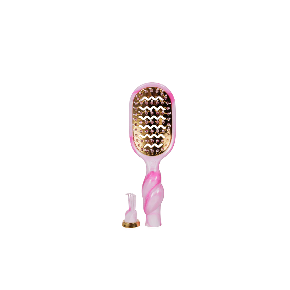 Pinch Me! Tie Dye Pink Vented Hair Brush with wavy bristles and gold accents; sizes available: standard and travel.