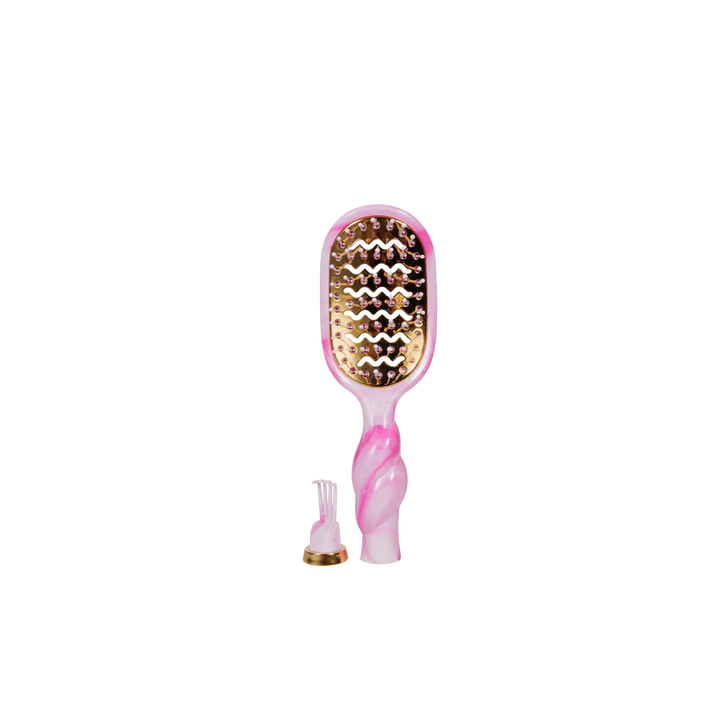 Pinch Me! Tie Dye Pink Vented Hair Brush with wavy bristles and gold accents; sizes available: standard and travel.