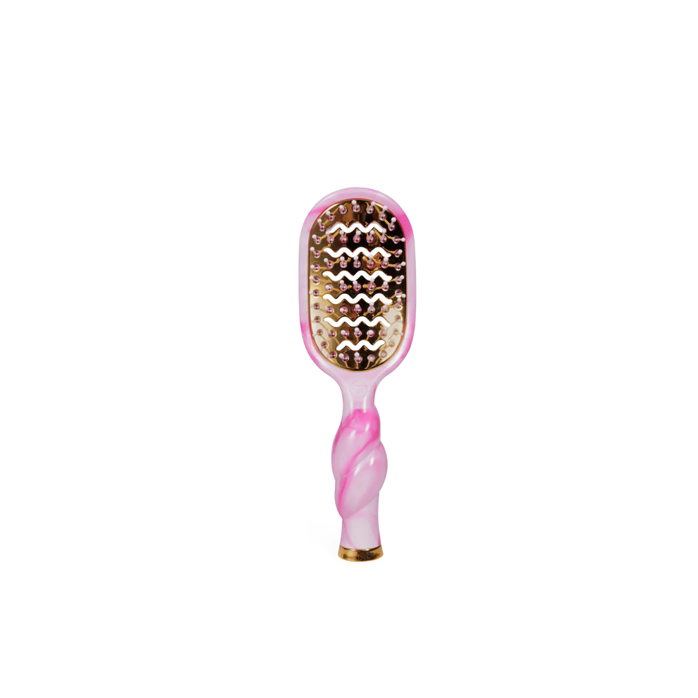 The Pinch Me! Tie Dye Pink Vented Hair Brush has a pink and white tie dye design, twisted handle, gold bristles. Sizes: One size.