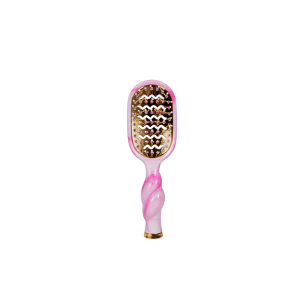 The Pinch Me! Tie Dye Pink Vented Hair Brush has a pink and white tie dye design, twisted handle, gold bristles. Sizes: One size.