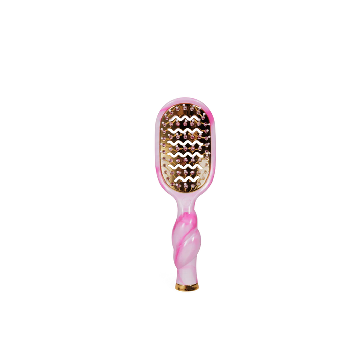The Pinch Me! Tie Dye Pink Vented Hair Brush has a pink and white tie dye design, twisted handle, gold bristles. Sizes: One size.