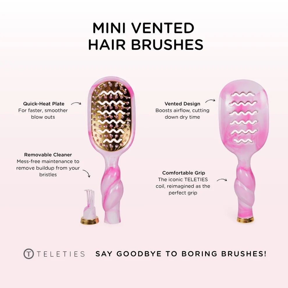 Pinch Me! Tie Dye Pink Vented Hair Brush with removable cleaner, quick-heat plate, twisted grip. Sizes: small, large.
