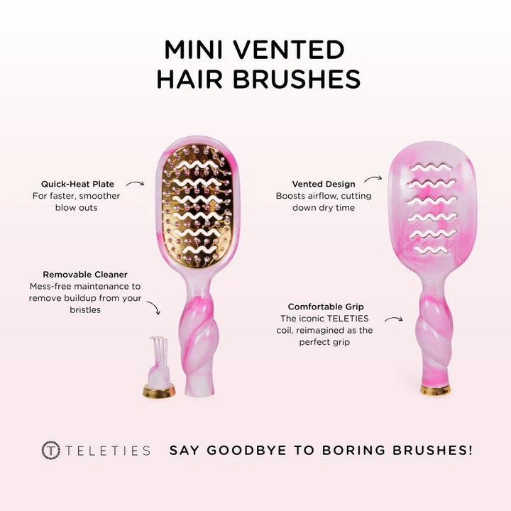 Pinch Me! Tie Dye Pink Vented Hair Brush with removable cleaner, quick-heat plate, twisted grip. Sizes: small, large.