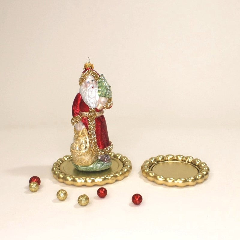 7″ Beaded Santa with Tree and Sack Blown Glass Ornament.