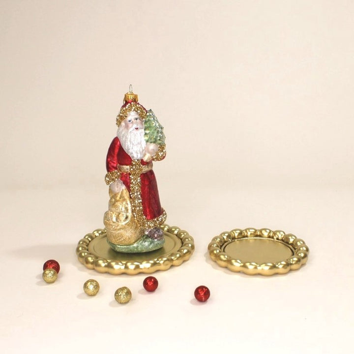 7″ Beaded Santa with Tree and Sack Blown Glass Ornament.
