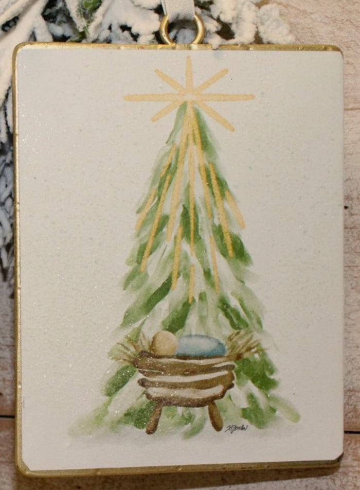 Rectangular glittered Baby Jesus in the Manger ornament.