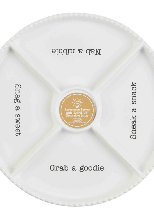 White round snack tray with 4 labeled sections and gold center label. Available in 12” and 15” sizes.
