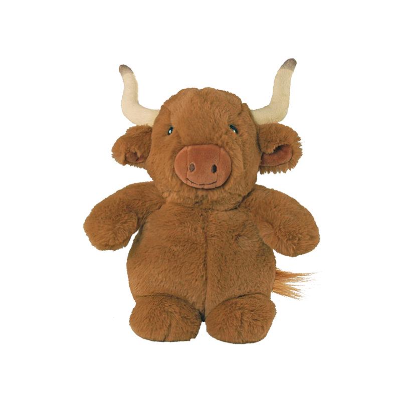 Plush brown highland cow with beige horns, soft fur, round black eyes. Available in multiple sizes.