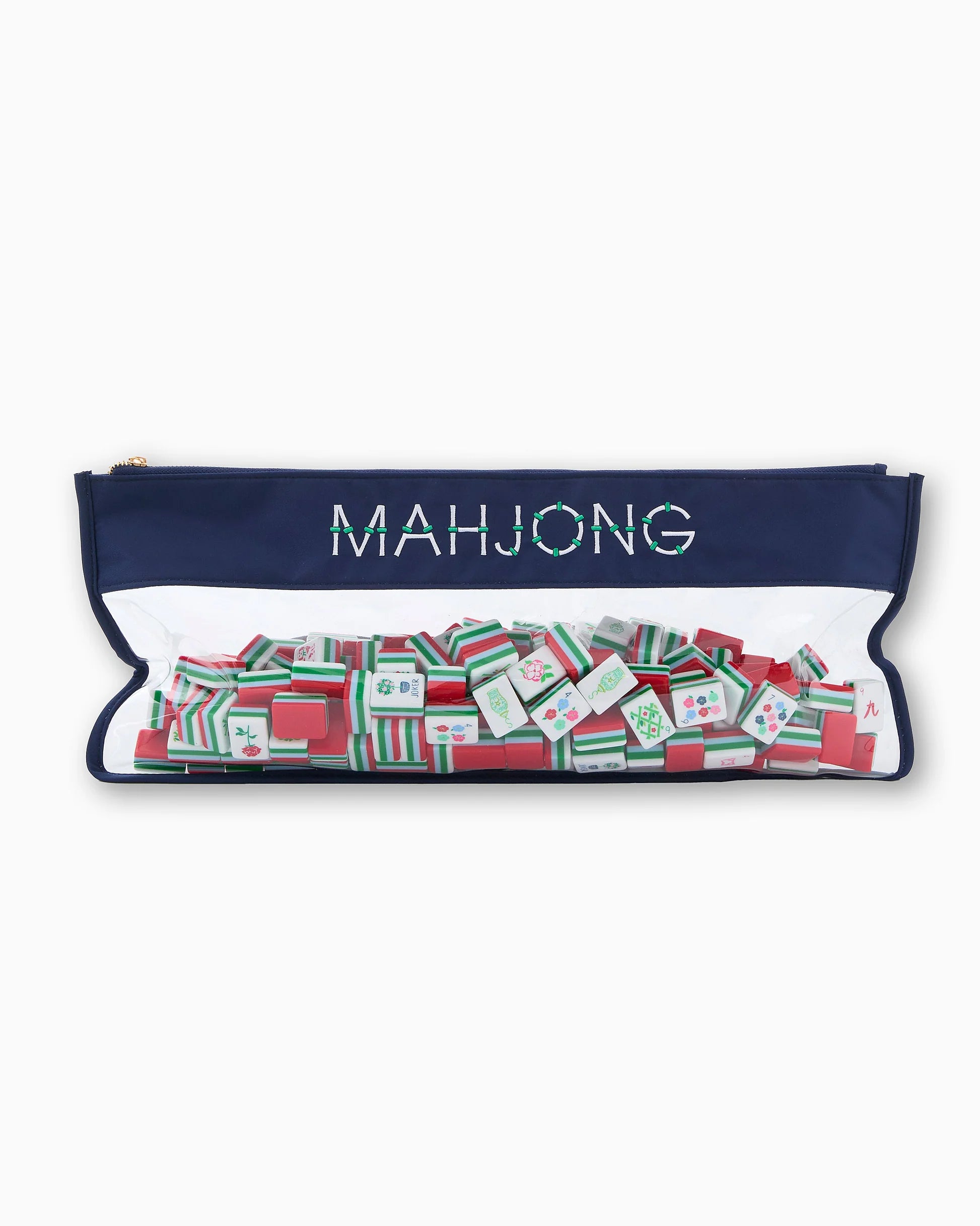 Navy Bamboo Mahjong Bag with clear "MAHJONG" front. Holds colorful tiles. Available in small, medium, and large sizes.