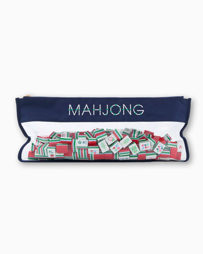 Navy Bamboo Mahjong Bag with clear "MAHJONG" front. Holds colorful tiles. Available in small, medium, and large sizes.
