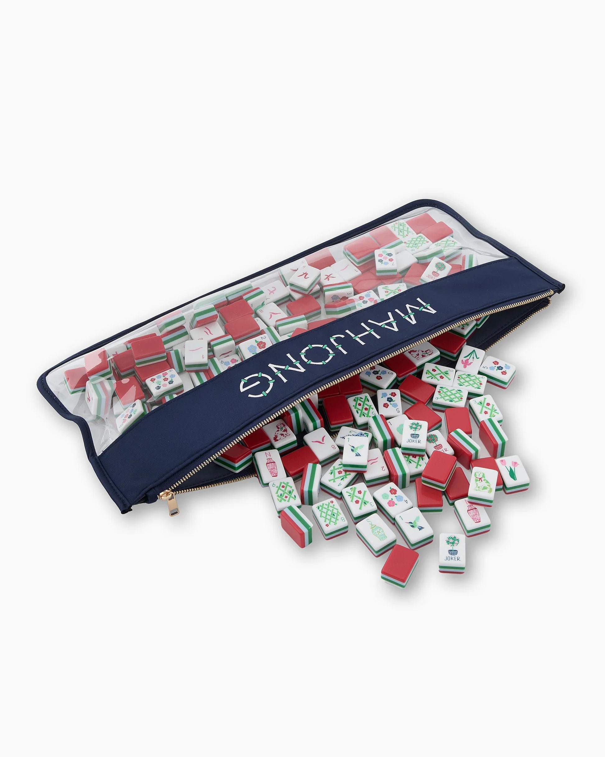 Navy Bamboo Mahjong Bag labeled "MAHJONG" with clear plastic top and zippered case. Sizes available: small, medium, large.