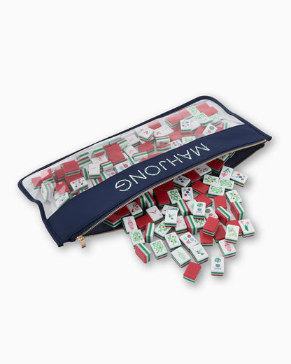 Navy Bamboo Mahjong Bag labeled "MAHJONG" with clear plastic top and zippered case. Sizes available: small, medium, large.