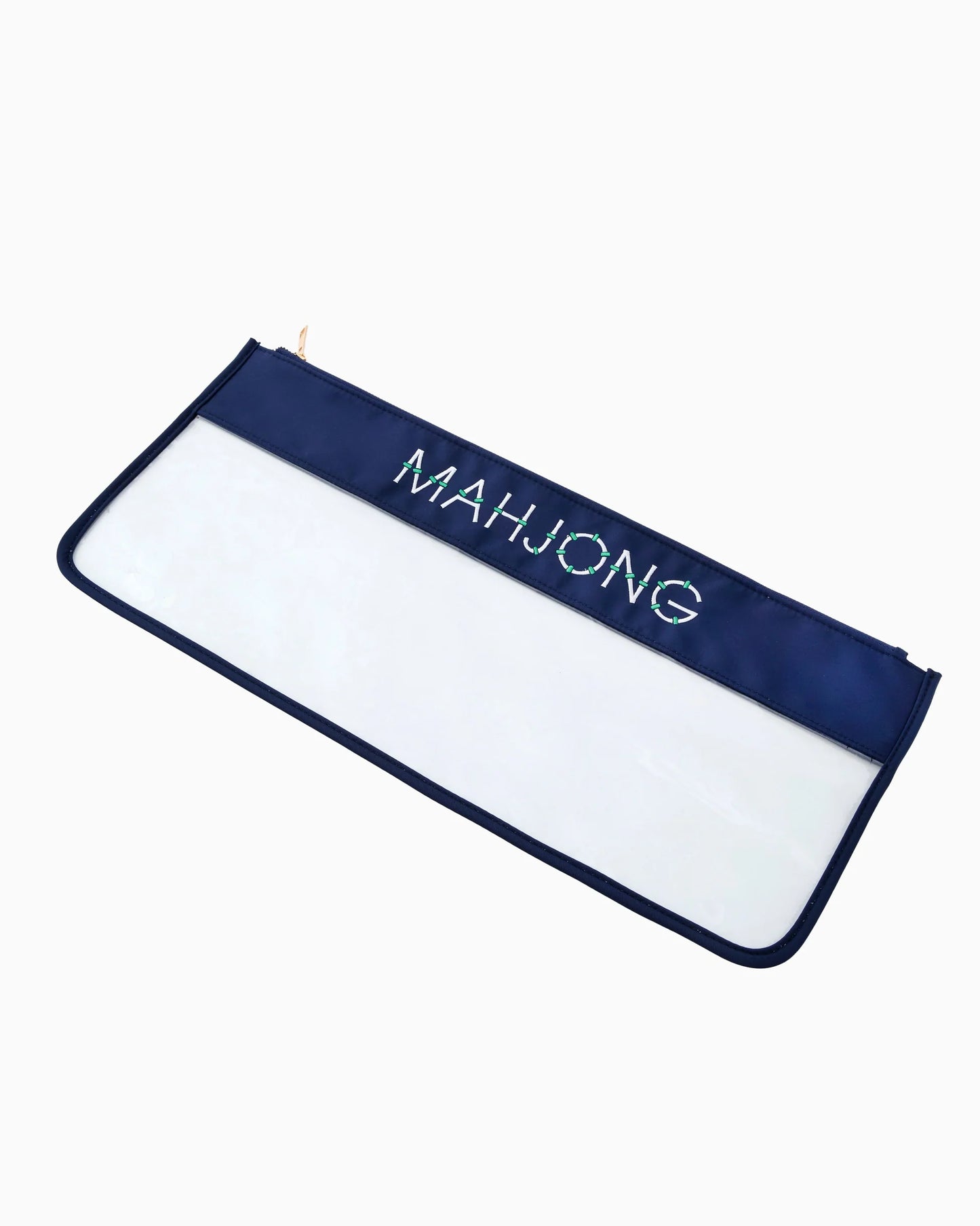 Rectangular navy and white zippered Mahjong bag with "MAHJONG" in blue and green letters. Available in multiple sizes.