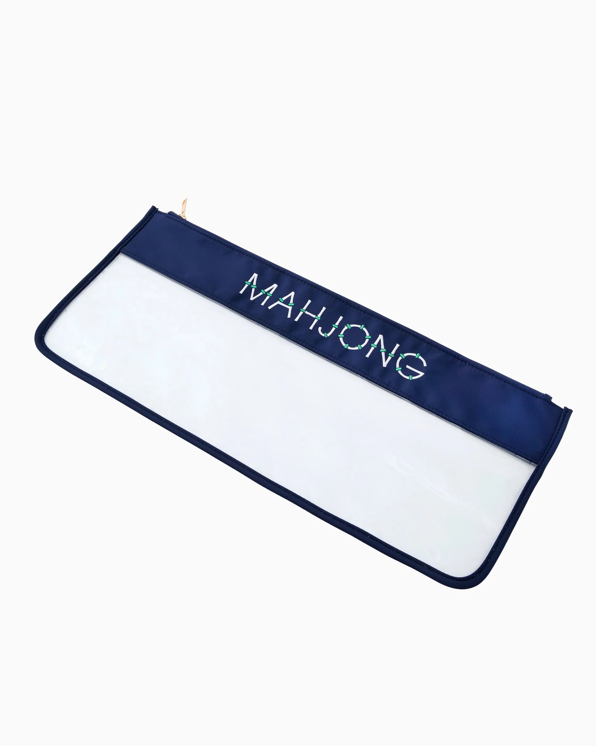 Rectangular navy and white zippered Mahjong bag with "MAHJONG" in blue and green letters. Available in multiple sizes.