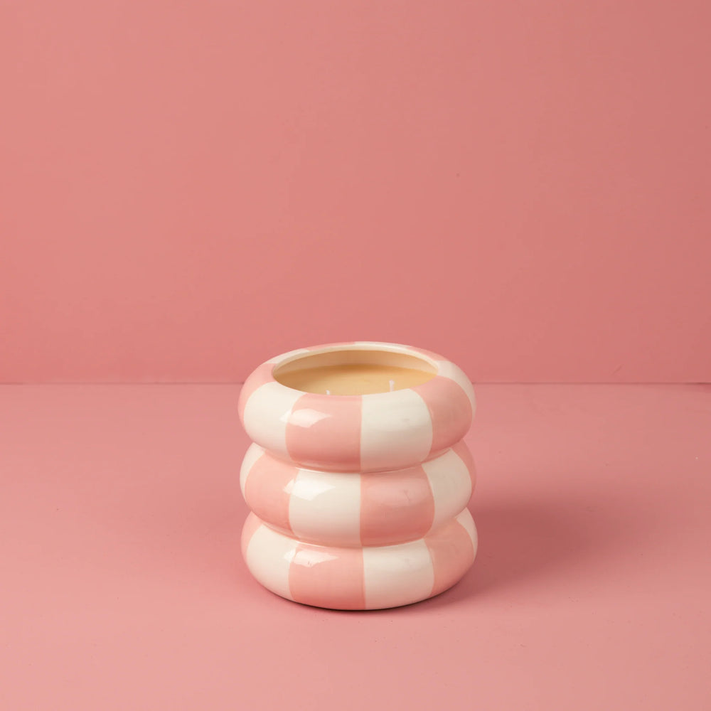 Sweet Grace Collection Candle #074: round pink and white ceramic holder, premium soy-blend wax, best-selling fragrance. Sizes vary.