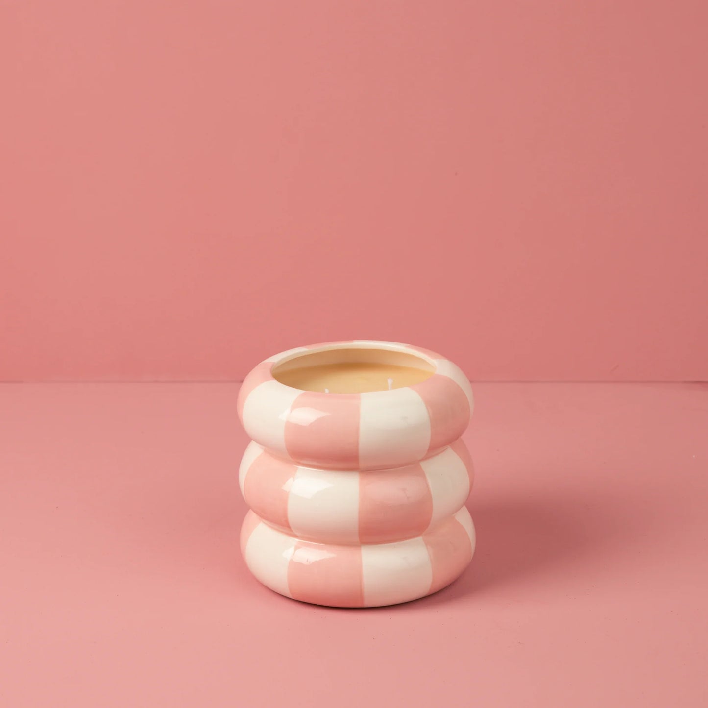 Sweet Grace Collection Candle #074: round pink and white ceramic holder, premium soy-blend wax, best-selling fragrance. Sizes vary.