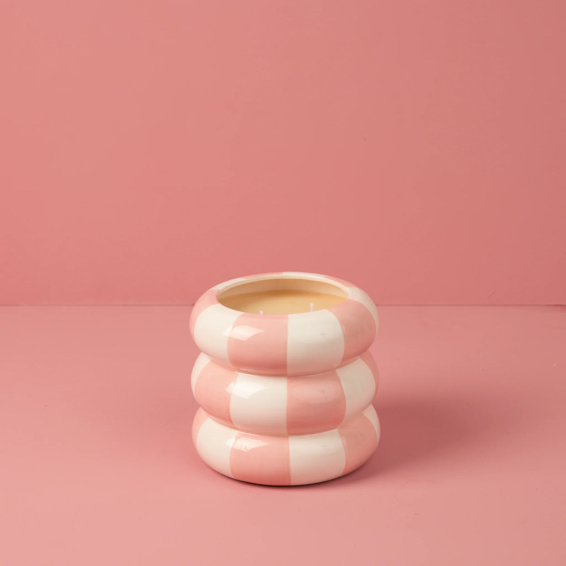 Sweet Grace Collection Candle #074: round pink and white ceramic holder, premium soy-blend wax, best-selling fragrance. Sizes vary.