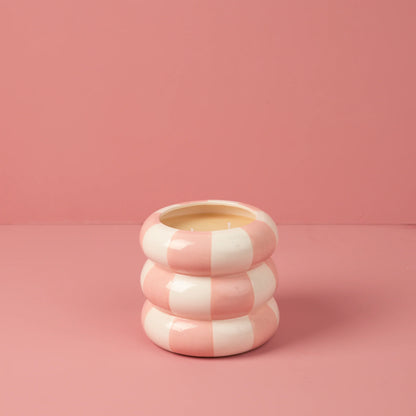 Sweet Grace Collection Candle #074: round pink and white ceramic holder, premium soy-blend wax, best-selling fragrance. Sizes vary.