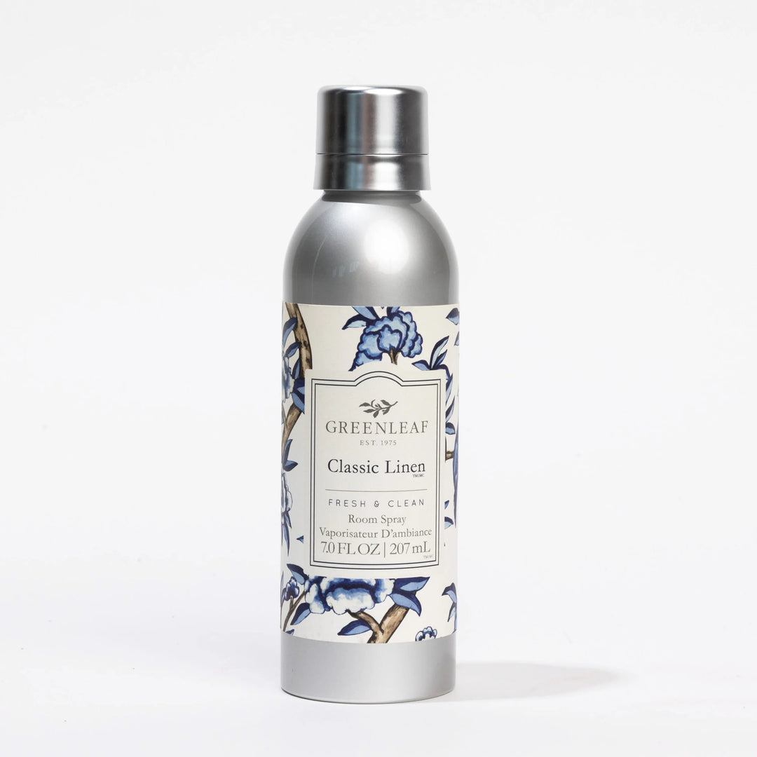 Classic Linen Room Spray in silver bottle, blue/beige floral patterns, 7.0 fl oz (207ml), fresh clean scent.