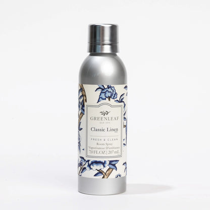 Classic Linen Room Spray in silver bottle, blue/beige floral patterns, 7.0 fl oz (207ml), fresh clean scent.