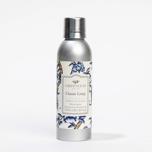 Classic Linen Room Spray in silver bottle, blue/beige floral patterns, 7.0 fl oz (207ml), fresh clean scent.