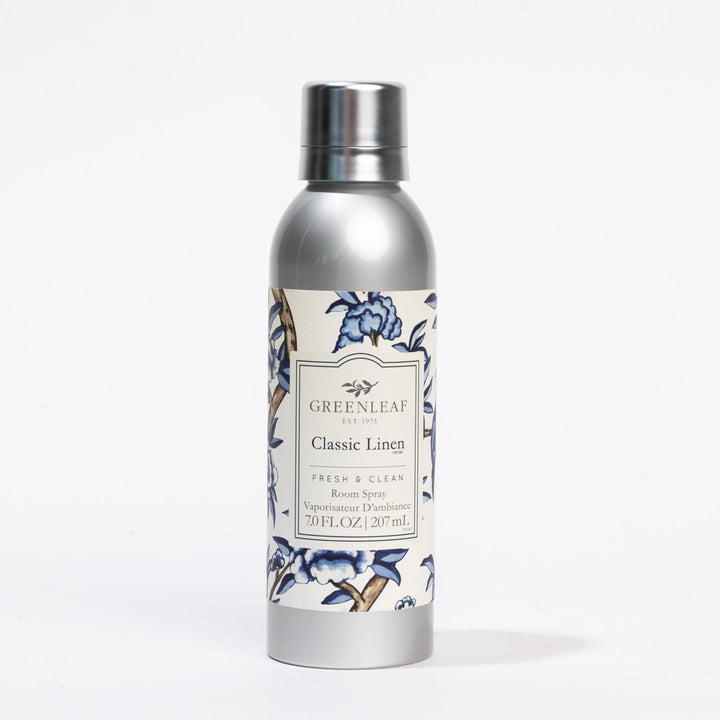 Classic Linen Room Spray in silver bottle, blue/beige floral patterns, 7.0 fl oz (207ml), fresh clean scent.