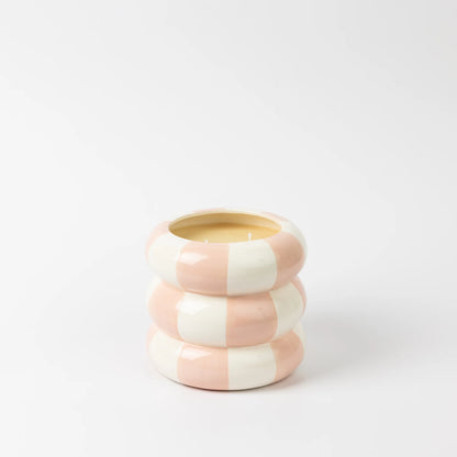 Sweet Grace Collection Candle #074: round, tiered, pastel pink and white stripes, soy-blend wax. Available in multiple sizes.
