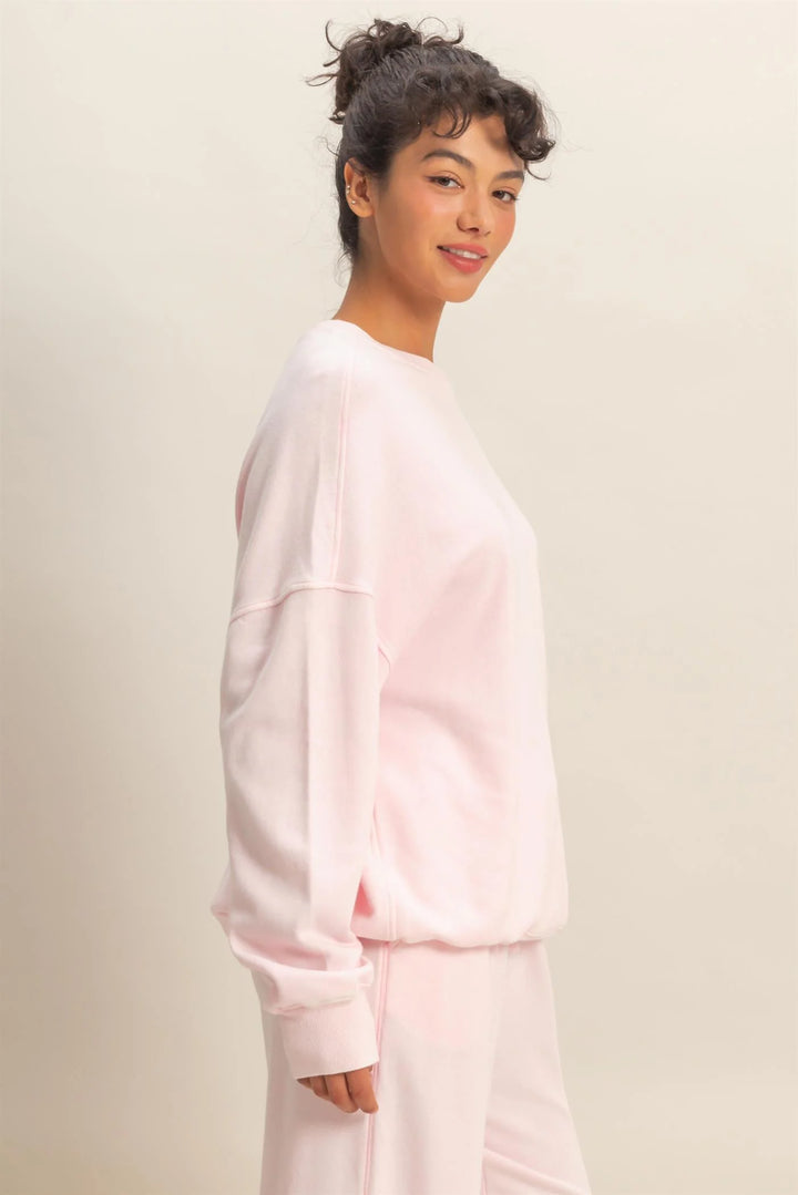 Soft Pink Acid Wash Oversized Sweatshirt, available in sizes XS-XXL.