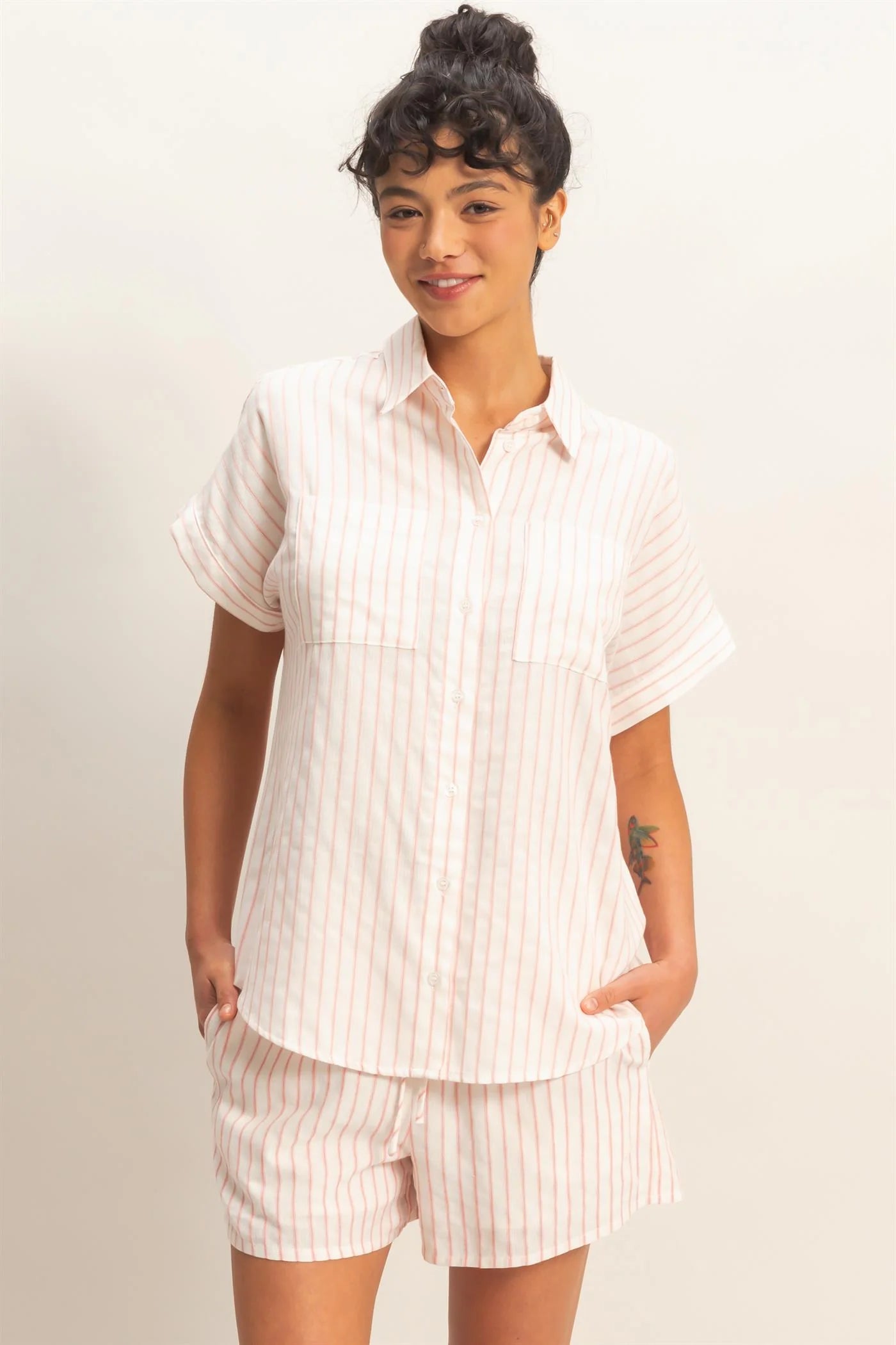 Striped Button-Up Dolman Sleeve Shirt in light pink stripes. Available in sizes XS-XL.