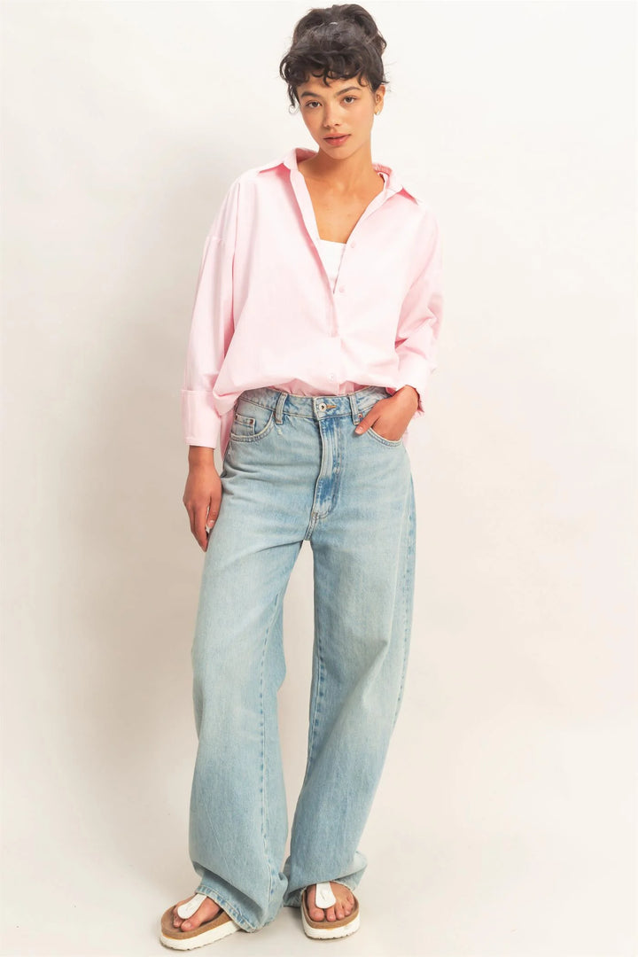 Button Up Poplin Shirt in light pink, button front, available in sizes XS–XL.
