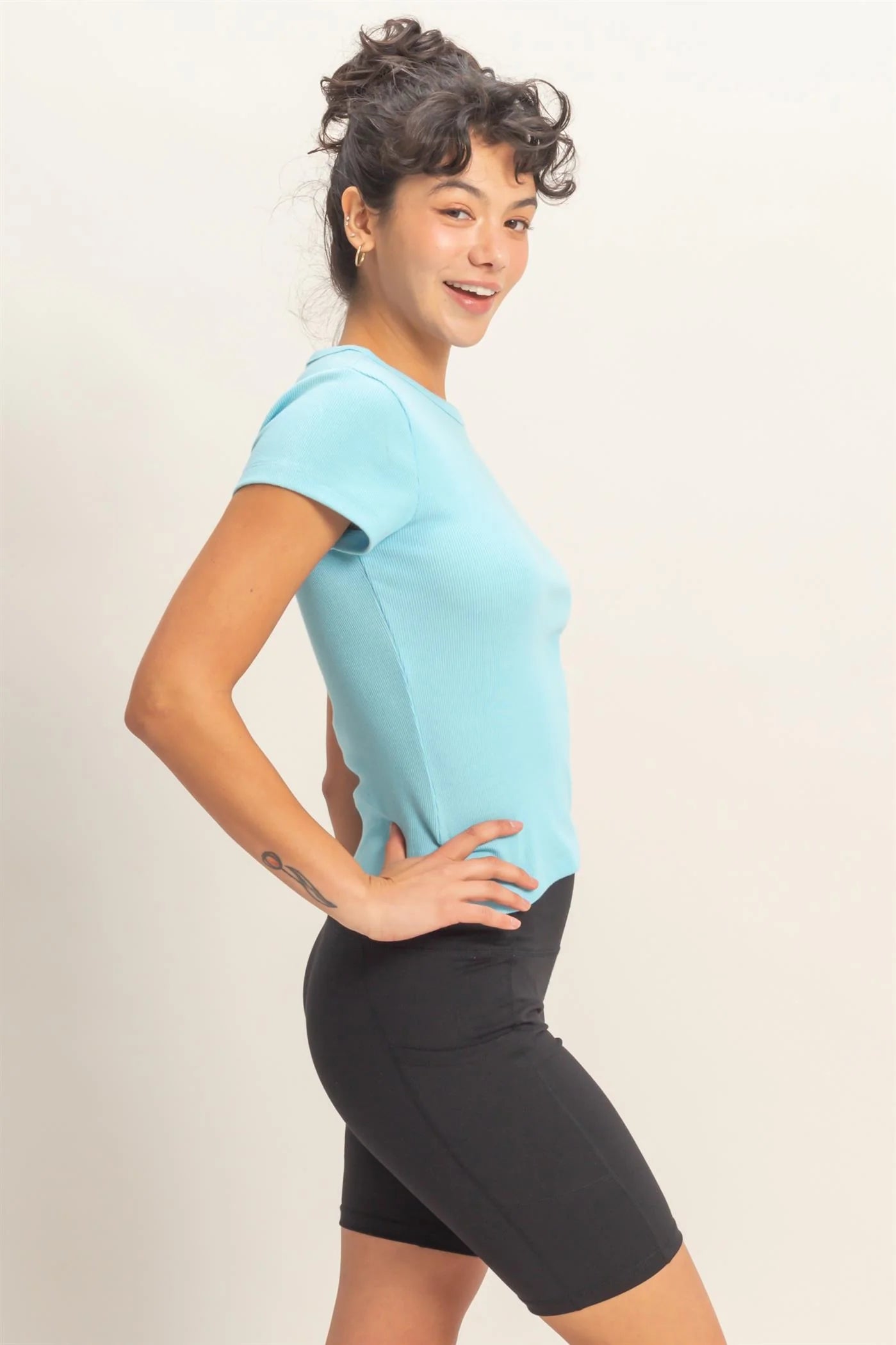 Basic Ribbed Short Sleeve Top in light blue, ribbed texture, short sleeves; available in sizes XS-XL.