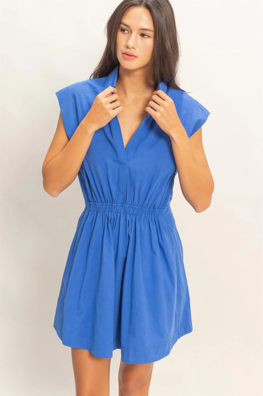 Cobalt Sleeveless Collared Shirred Dress