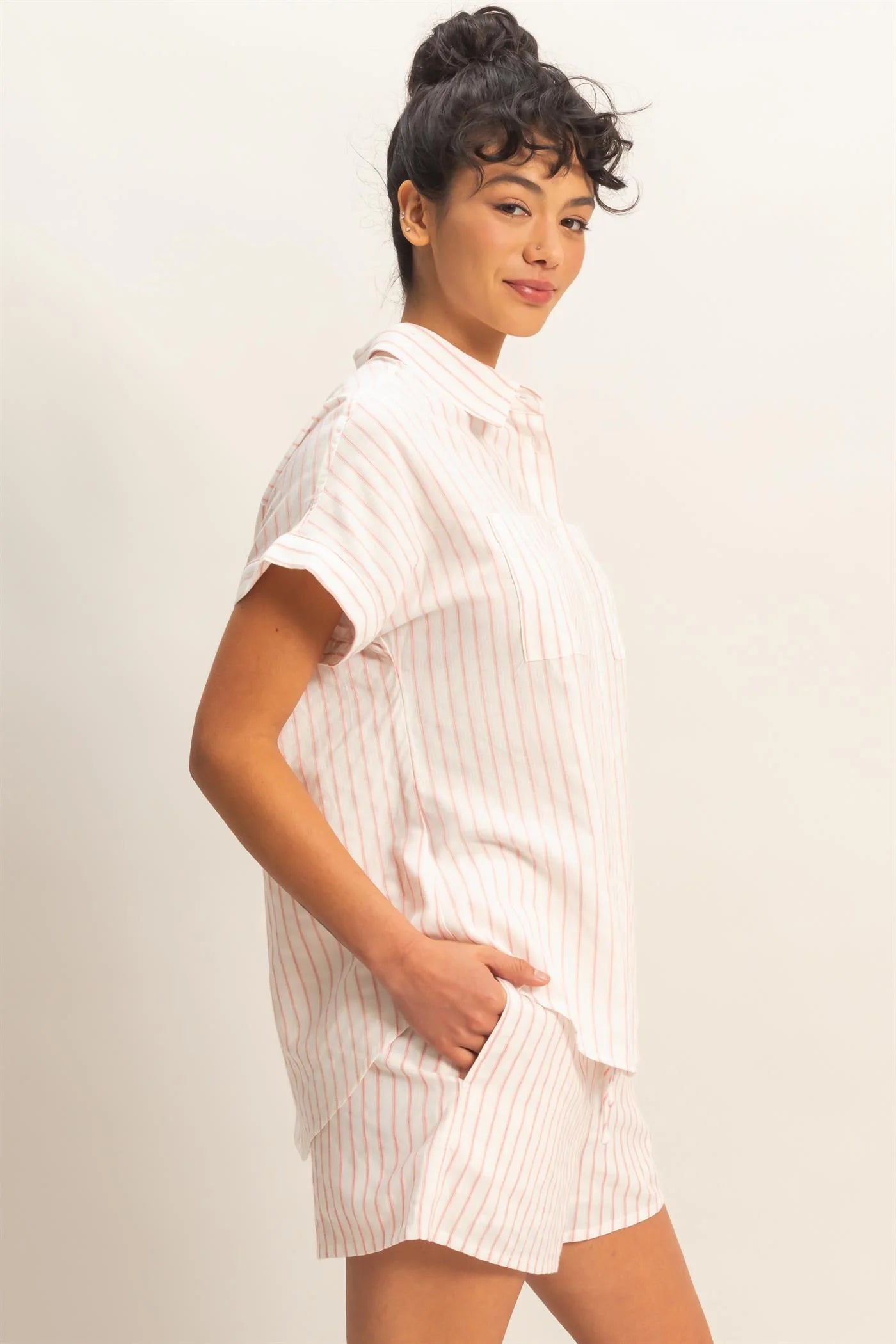 Striped Button-Up Dolman Sleeve Shirt in relaxed fit, available in 2 colors and sizes XS-XL.