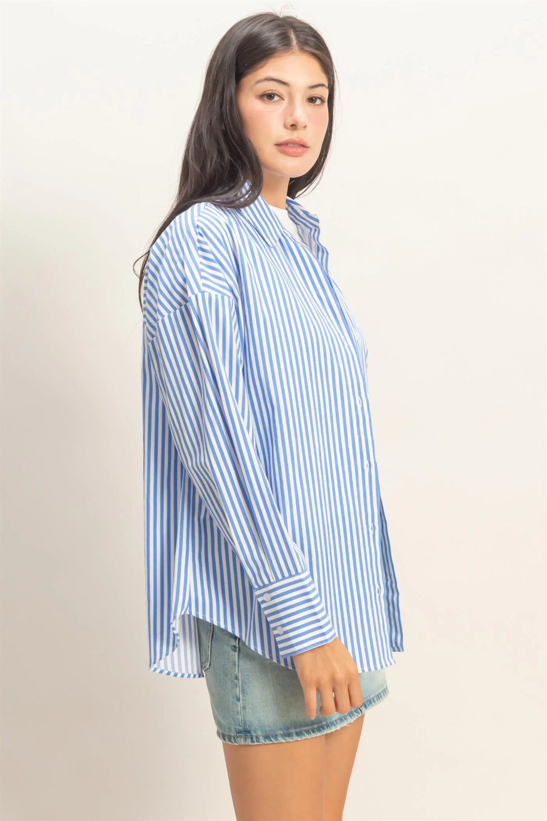 Striped Button-Up Poplin Shirt in blue and white, oversized fit. Available in sizes XS-XL.