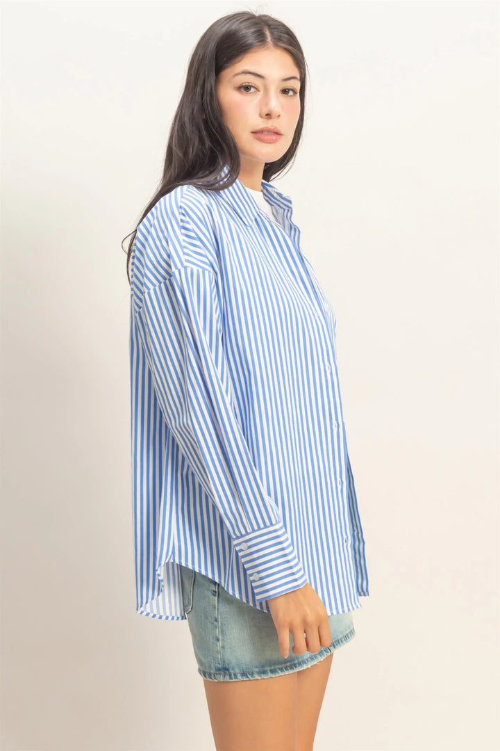 Striped Button-Up Poplin Shirt in blue and white, oversized fit. Available in sizes XS-XL.