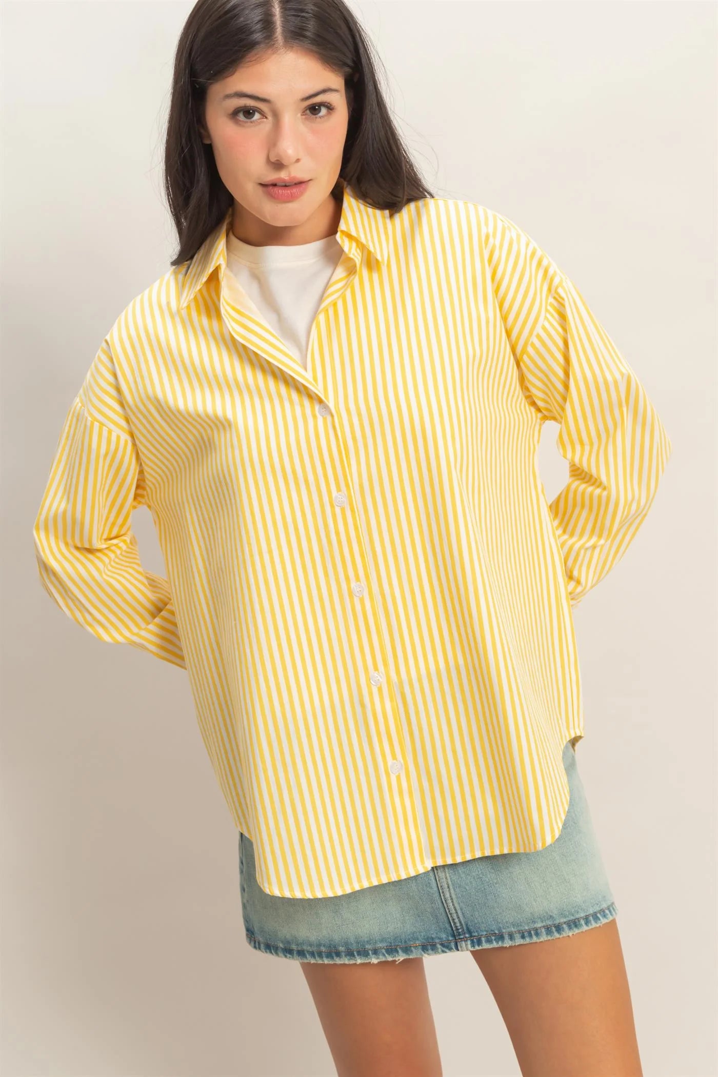 Striped Button-Up Poplin Shirt in yellow and white, available in sizes XS–XL.