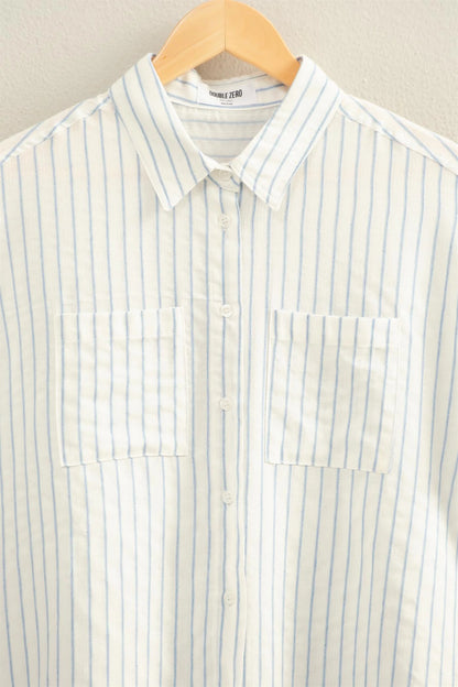 Striped Button-Up Dolman Sleeve Shirt in light blue, two chest pockets, classic collar, available in 2 colors and multiple sizes.