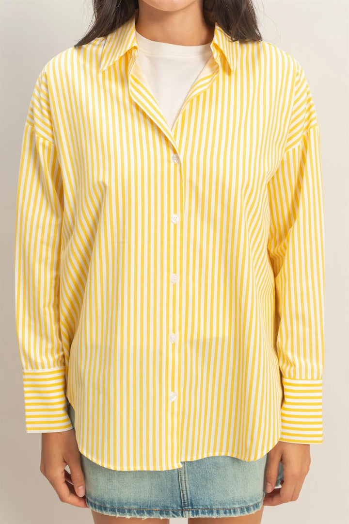 Striped Button-Up Poplin Shirt in yellow and white, oversized fit, long sleeves, available in sizes XS-XL.
