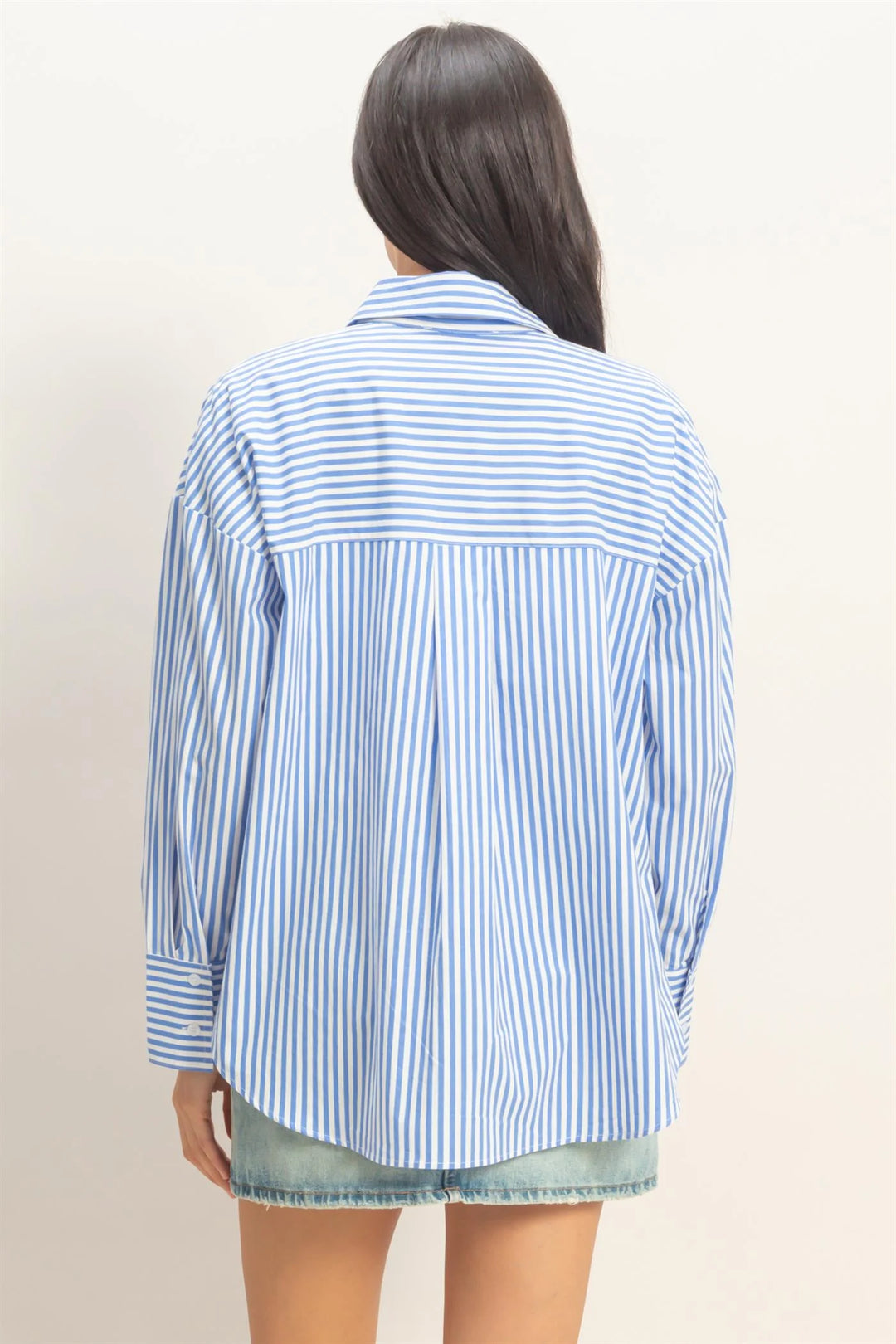 Striped Button-Up Poplin Shirt in blue and white vertical stripes. Available in sizes XS-XL.