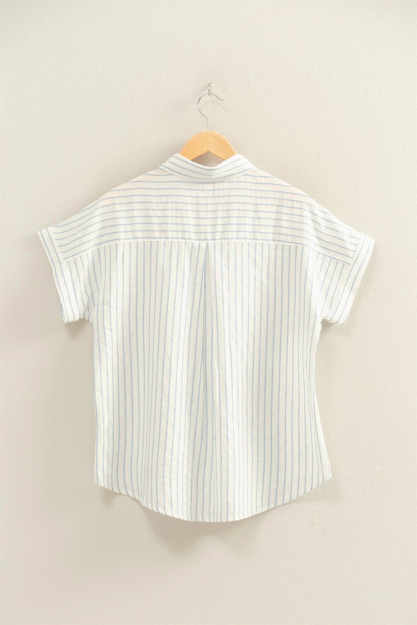 Striped Button-Up Dolman Sleeve Shirt with thin blue stripes, relaxed fit, short sleeves. Available in 2 colors and various sizes.