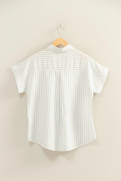 Striped Button-Up Dolman Sleeve Shirt with thin blue stripes, relaxed fit, short sleeves. Available in 2 colors and various sizes.