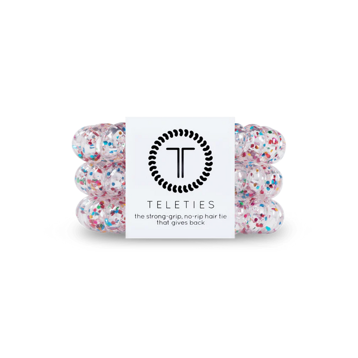 TELETIES Hair Ties feature colorful confetti patterns. Sizes available: Small and Large.