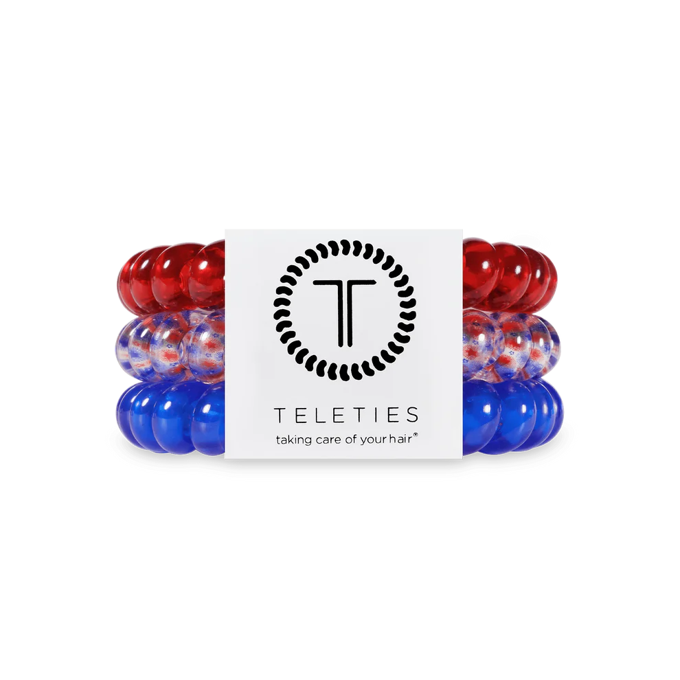 Set of three TELETIES Hair Ties in red, blue, and red-white-blue mix. Includes small and large sizes.