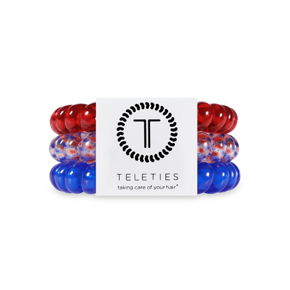 Set of three TELETIES Hair Ties in red, blue, and red-white-blue mix. Includes small and large sizes.