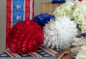 Patriotic Ruffled Balls in red, white, and blue. Available in small, medium, and large sizes. Festive 4th of July decor.