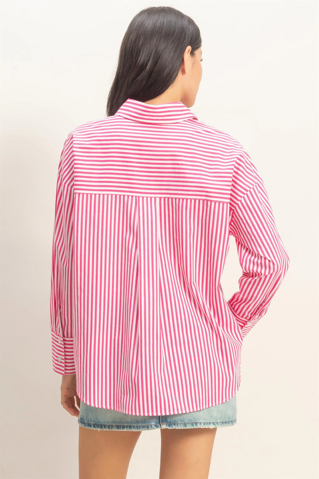 Striped Button-Up Poplin Shirt in pink and white, oversized fit, bold stripes. Available sizes: XS-XL.