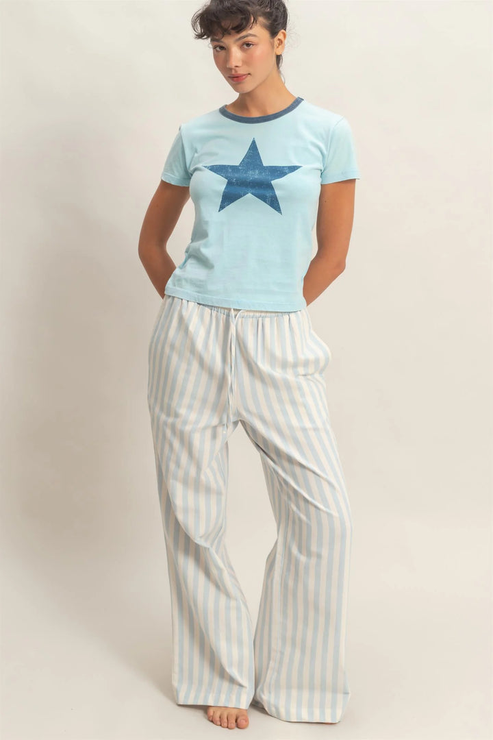 Blue Vertical Striped Elastic Pants with Pockets, available in sizes S-XL.
