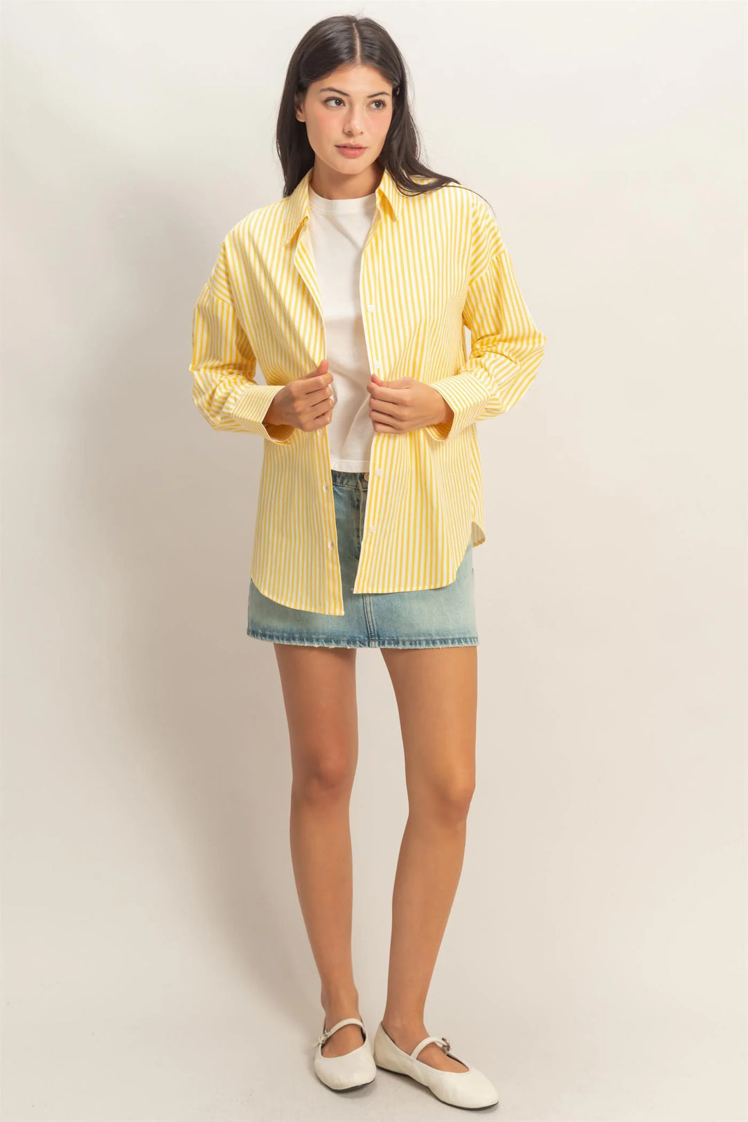 Striped Button-Up Poplin Shirt in yellow and white, available in sizes XS-XL. Features front buttons and classic collar.