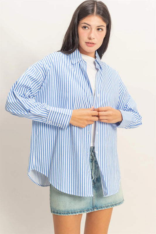 Striped Button-Up Poplin Shirt with vertical stripes, available in 3 colors and sizes XS–XL.
