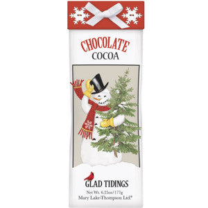 Chocolate Cocoa holiday paper packaging featuring a snowman with a Christmas tree, labeled “Glad Tidings,” 6.25 oz / 177g.